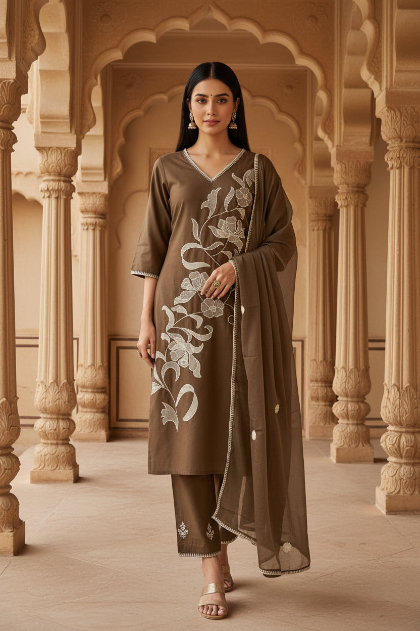 Brown Embroidery Kurta Set 3