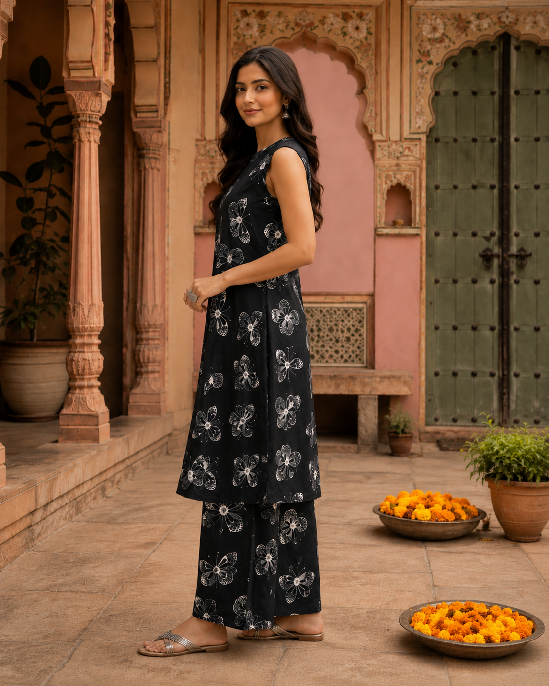 Black Cotton Printed Palazzo Set
