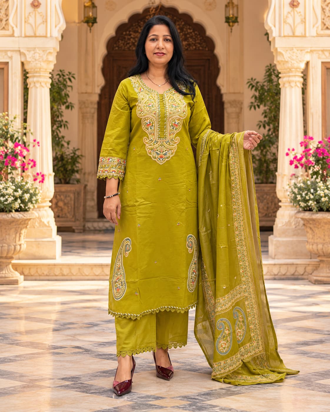 Mehendi green embroidered cotton kurta set with dupatta in a heritage courtyard