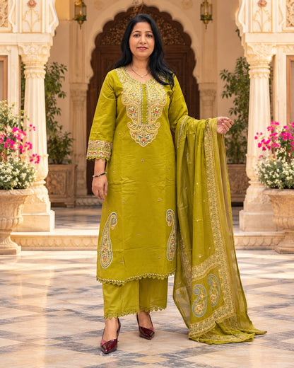Mehendi green embroidered cotton kurta set with dupatta in a heritage courtyard