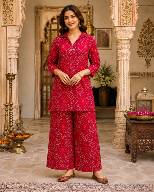 Ruhani Red Bandhani Cotton Coord Set