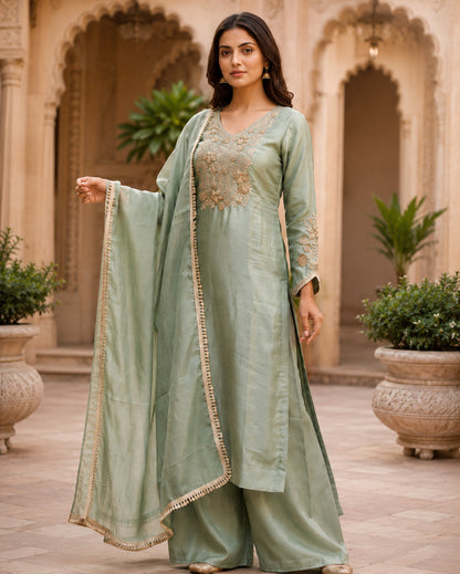 Sage green embroidered kurta set with pant and dupatta