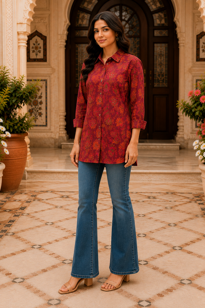 Gulnaar Burgundy Floral Printed Crepe Tunic