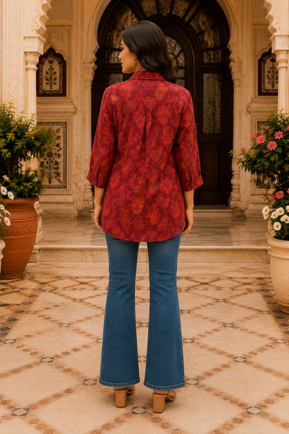 Gulnaar Burgundy Floral Printed Crepe Tunic