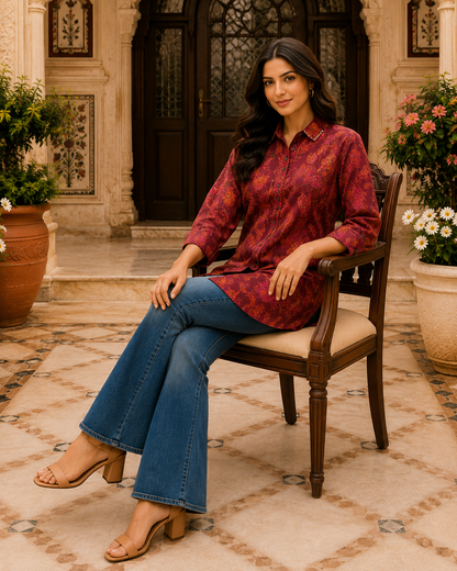 Gulnaar Burgundy Floral Printed Crepe Tunic