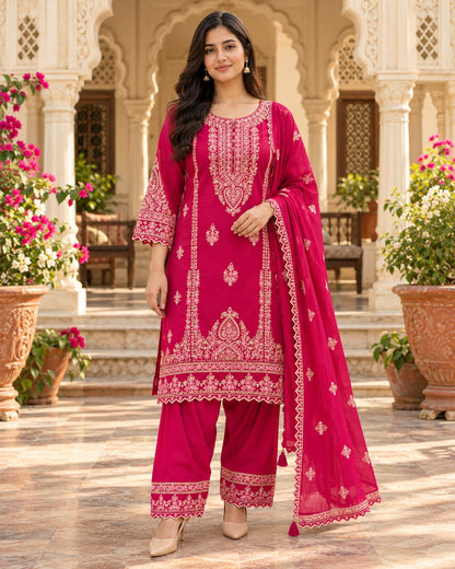 Gulnaar magenta muslin embroidered farsi salwar set by Odhanibymann