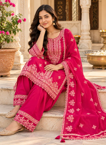 Magenta muslin kurta with ornate embroidered neckline