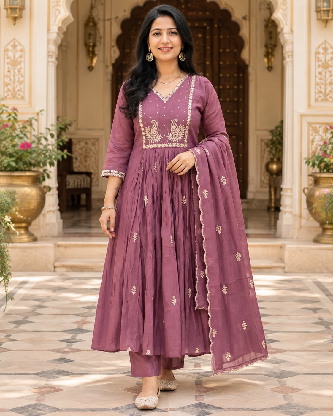 Zariya mauve muslin silk embroidered kurta set with dupatta by Odhanibymann