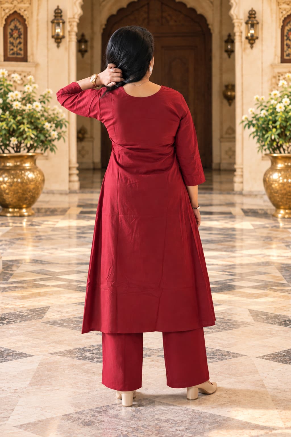 Two-piece maroon cotton kurta and palazzo set for women