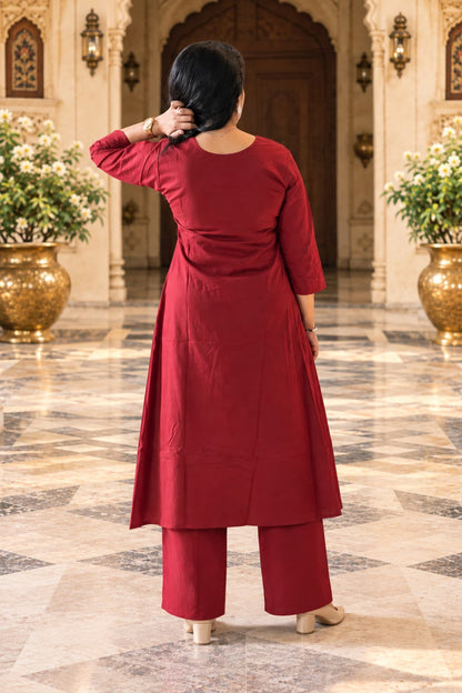 Two-piece maroon cotton kurta and palazzo set for women