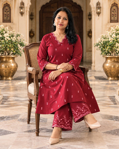 Meher maroon cotton A-line kurta set with palazzo by Odhanibymann