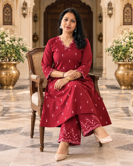 Meher maroon cotton A-line kurta set with palazzo by Odhanibymann