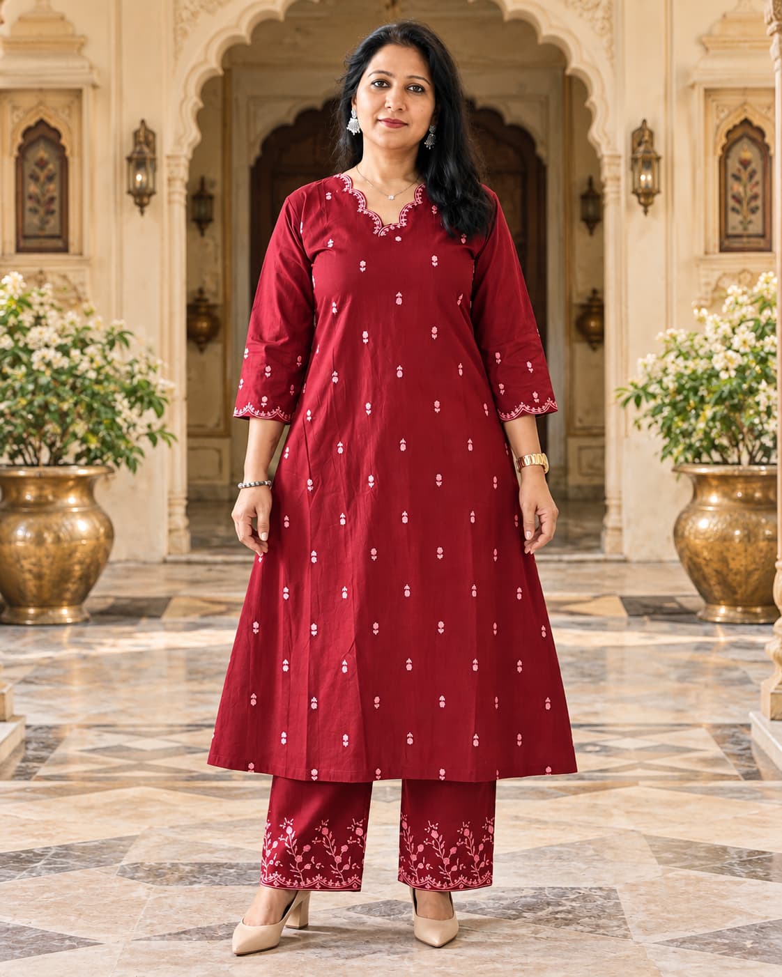 Maroon cotton A-line kurta with embroidered neckline