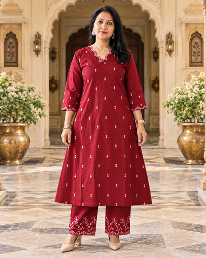 Maroon cotton A-line kurta with embroidered neckline
