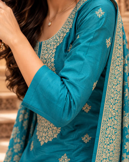 Three-piece teal blue kurta, salwar and dupatta set for festive wear