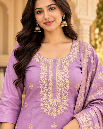Lavender Embroidered Silk Kurta Set