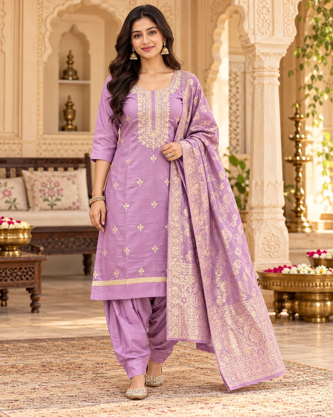 Lavender Embroidered Silk Kurta Set