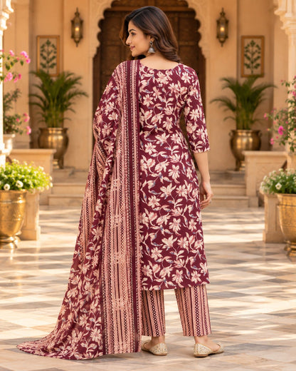 Matching dupatta from the maroon floral cotton kurta set