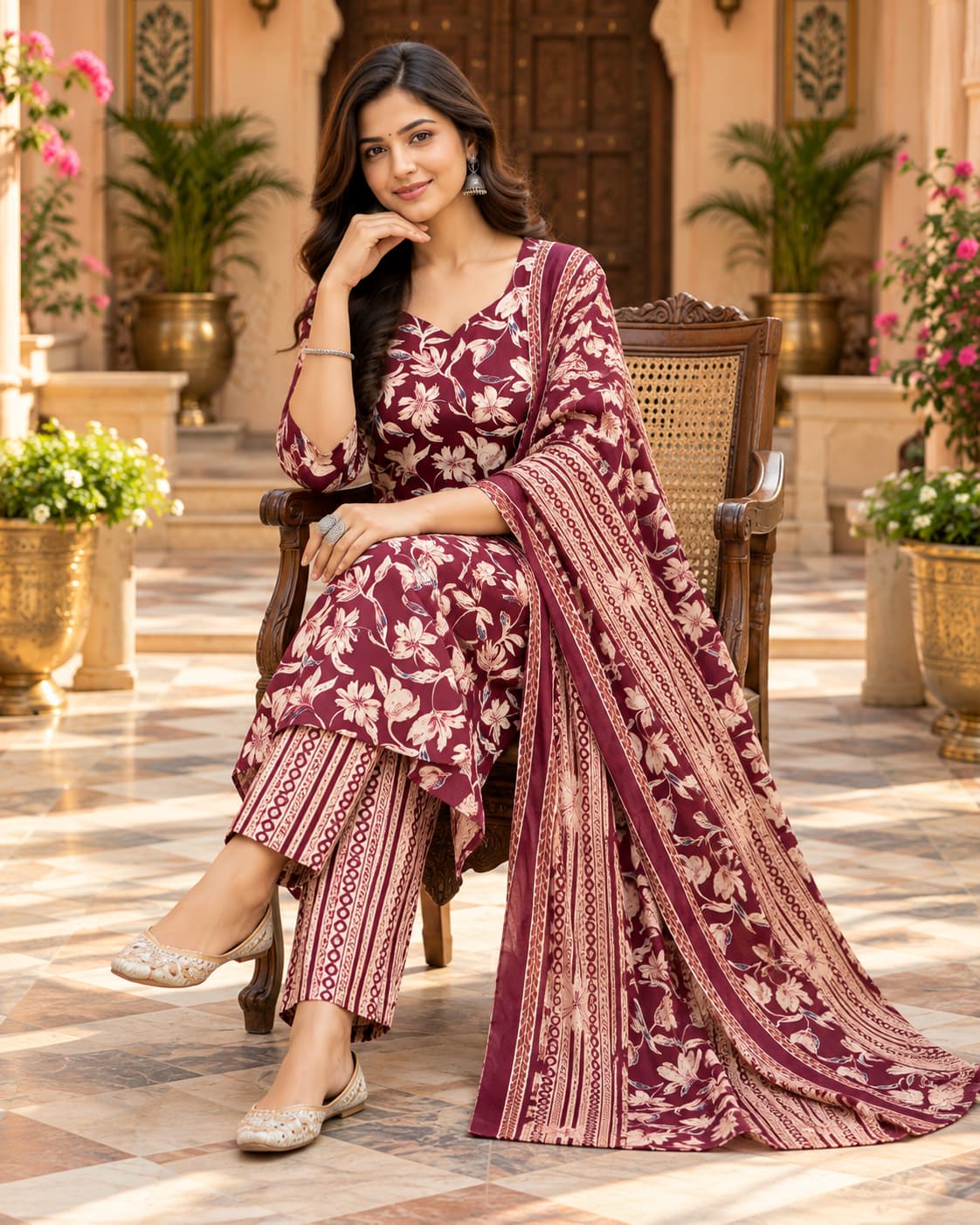 Maroon floral cotton kurta set with dupatta by Odhanibymann