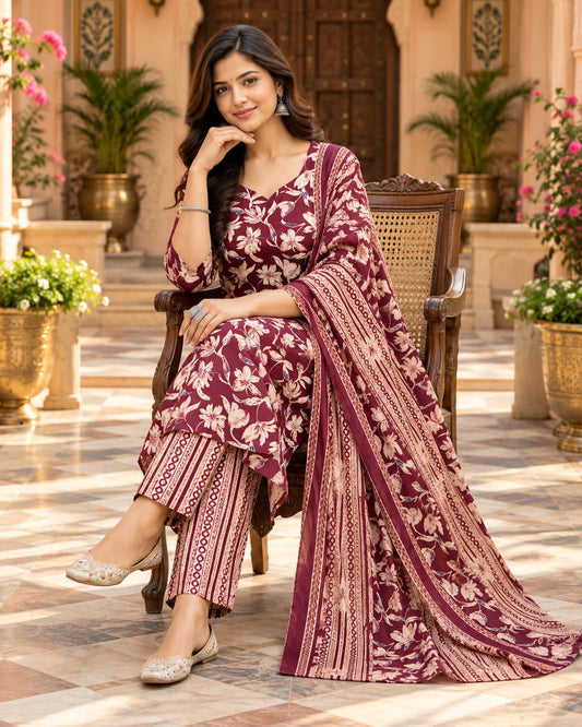 Maroon floral cotton kurta set with dupatta by Odhanibymann