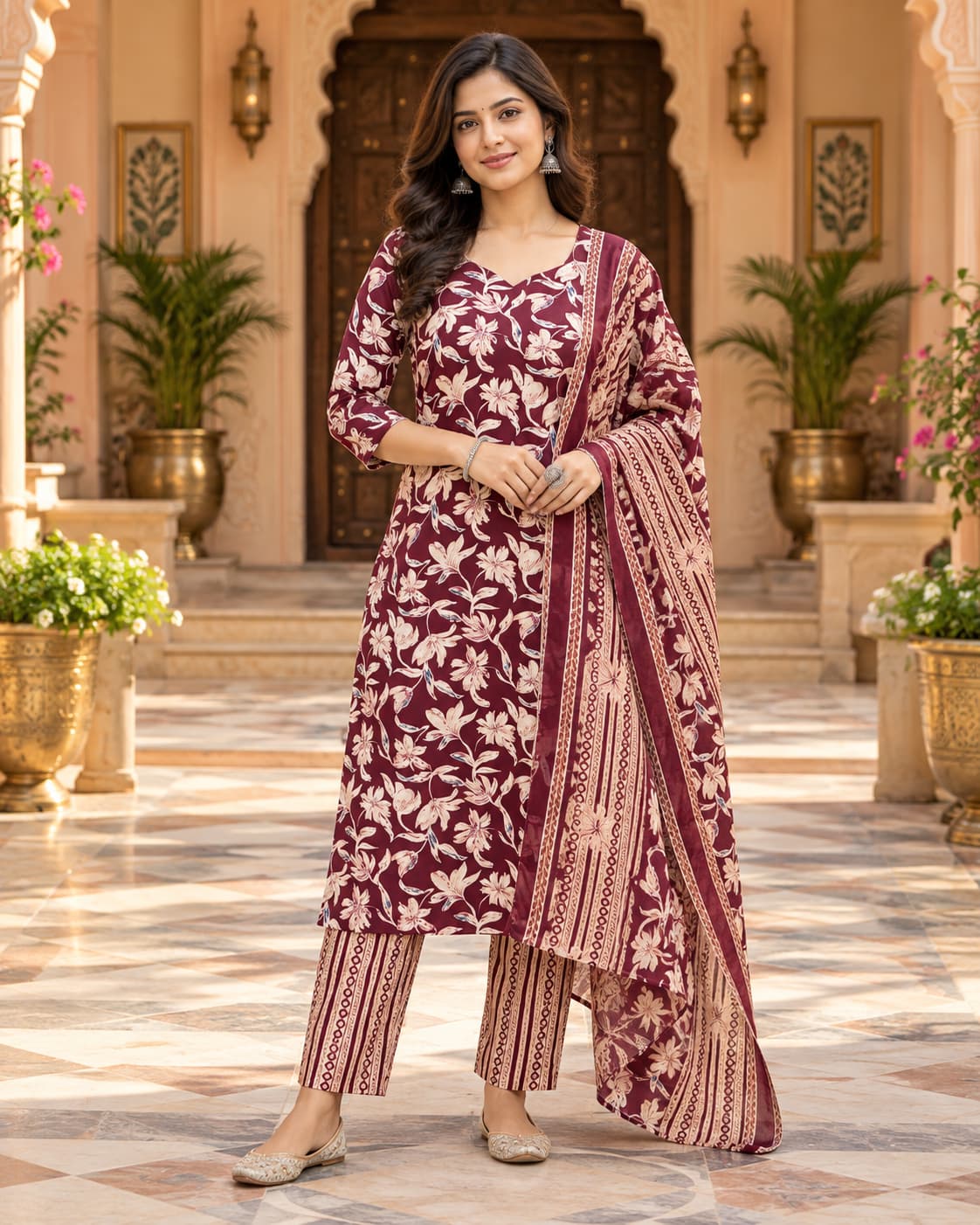 Maroon floral print cotton kurta with three-quarter sleeves