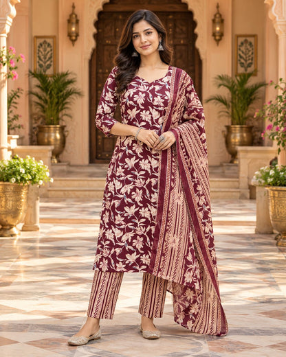 Maroon floral print cotton kurta with three-quarter sleeves