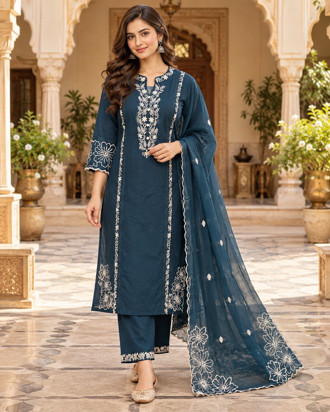 Peacock blue embroidered cotton kurta set with sheer dupatta by Odhanibymann