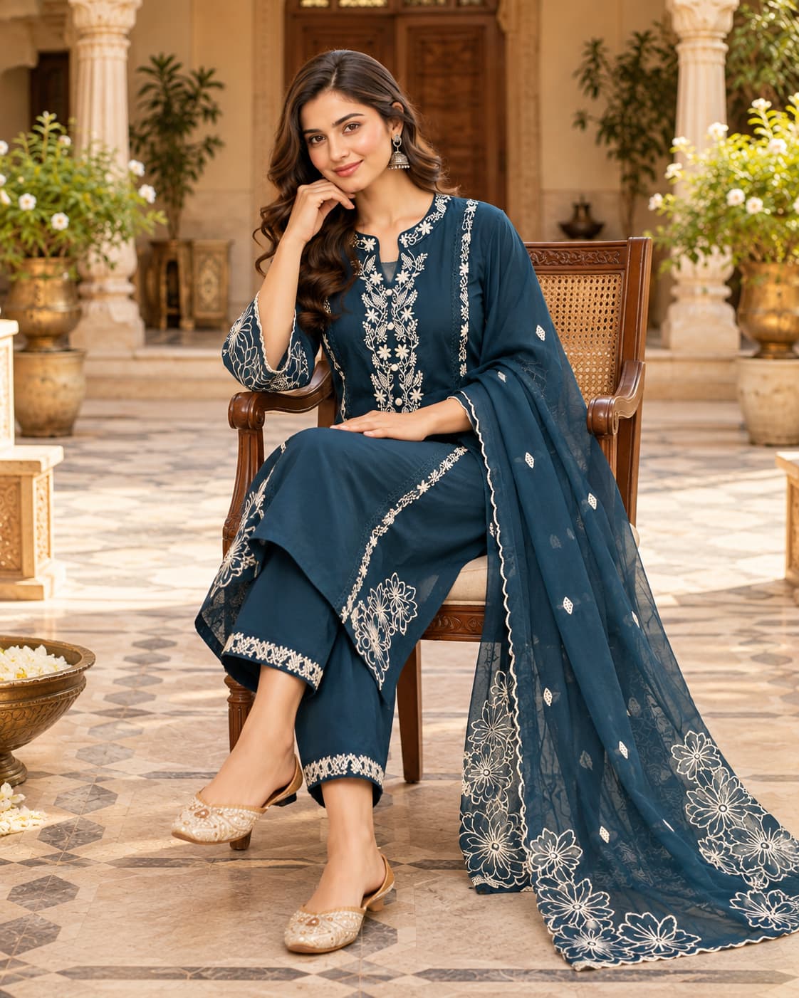 Peacock blue cotton kurta with ivory floral embroidery and mandarin collar