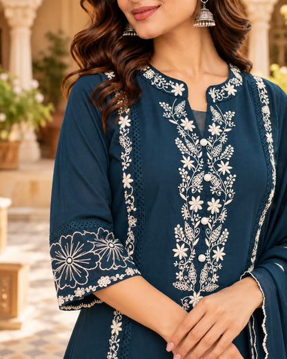 Scalloped embroidered sleeve border on a peacock blue kurta