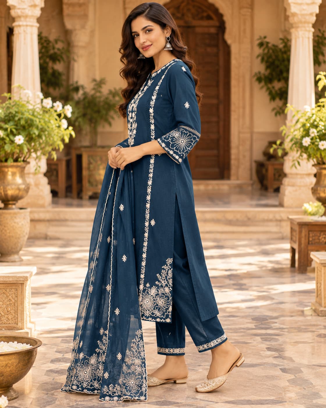 Sheer embroidered dupatta with scalloped border in peacock blue