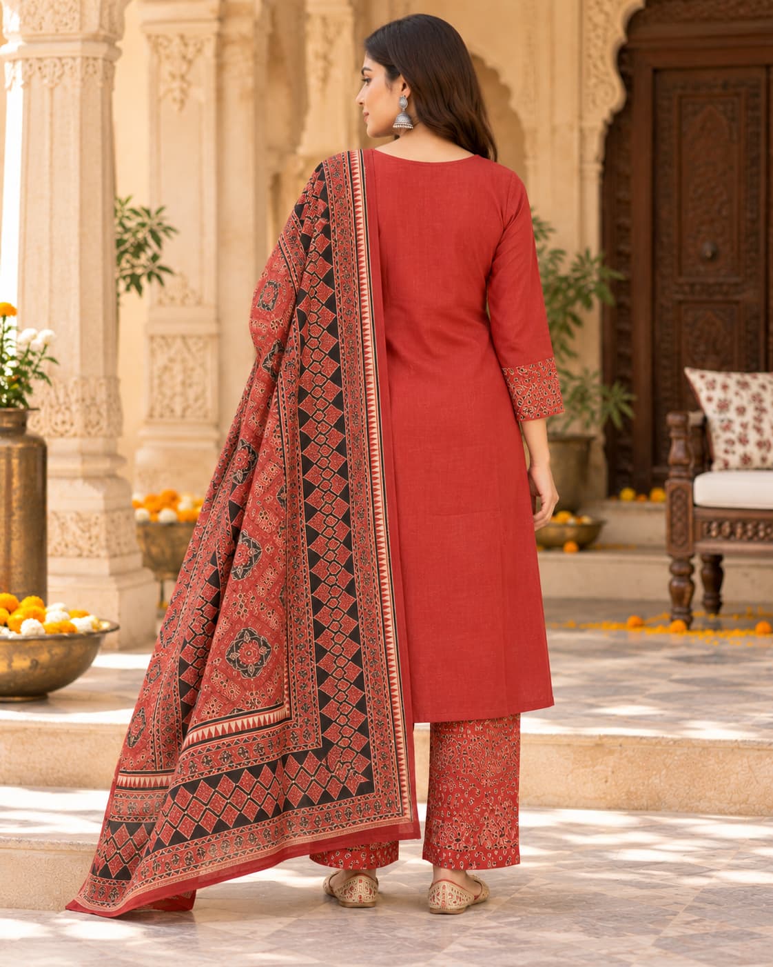 Rust cotton kurta with cream embroidered yoke and mirror work