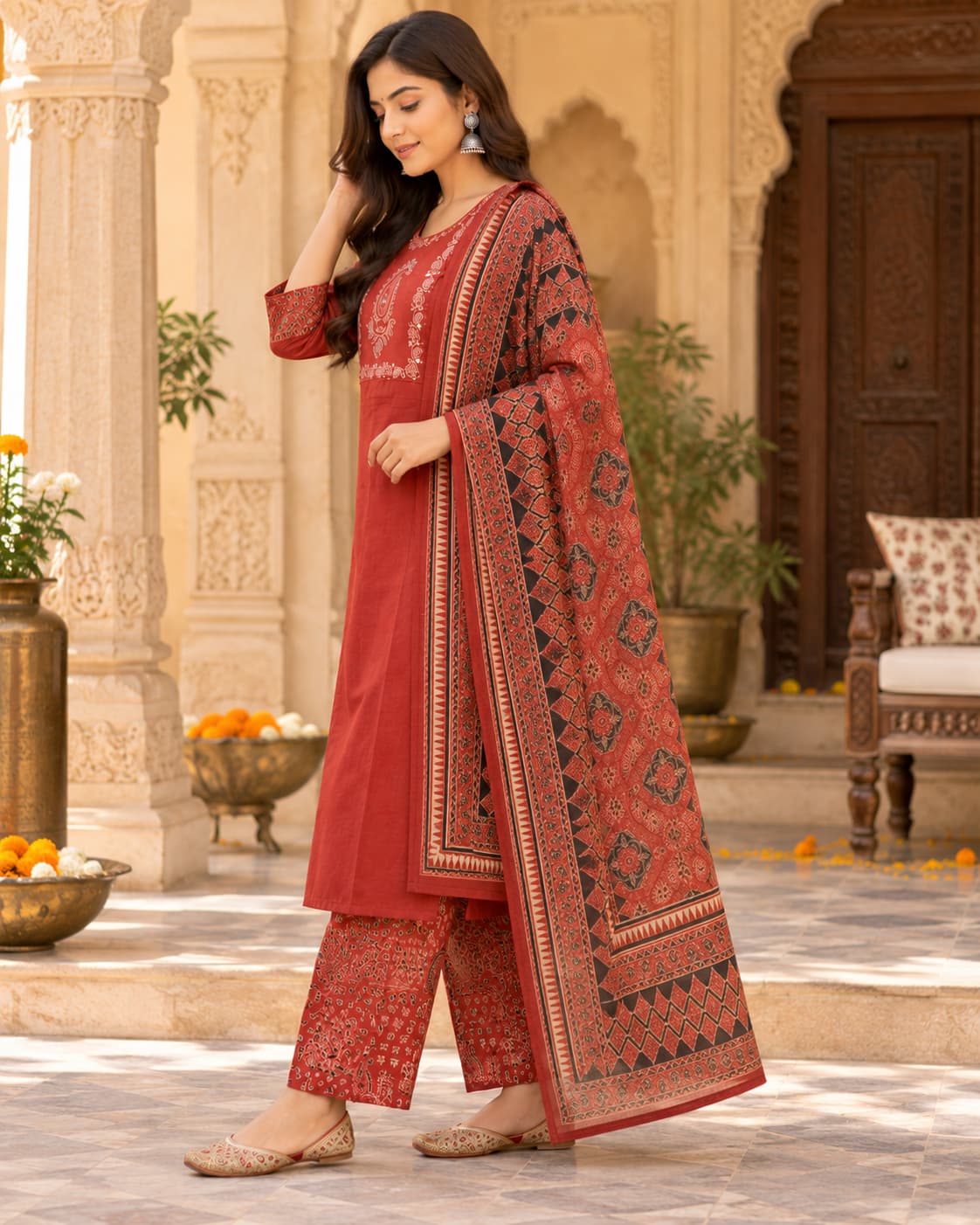 Embroidered paisley yoke with mirror work on a rust cotton kurta