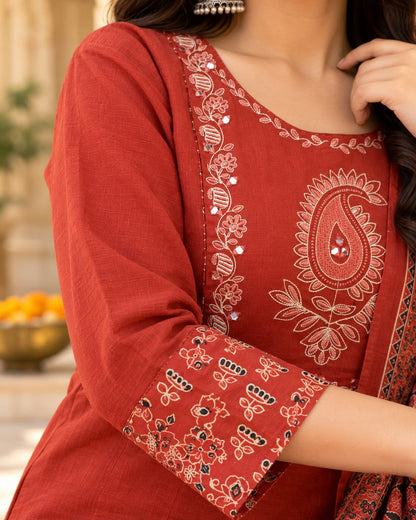 Ajrakh-inspired printed palazzo in rust, black and cream