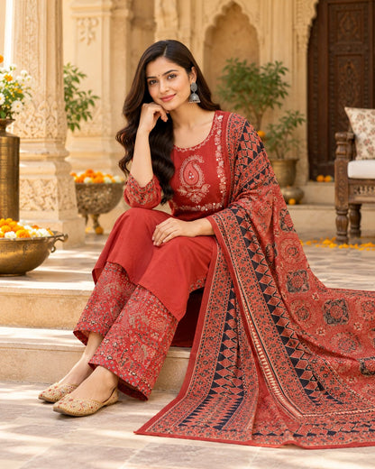 Three-piece rust cotton kurta, palazzo and dupatta set for women