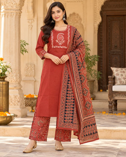 Zoya rust Ajrakh-inspired cotton kurta set with dupatta by Odhanibymann