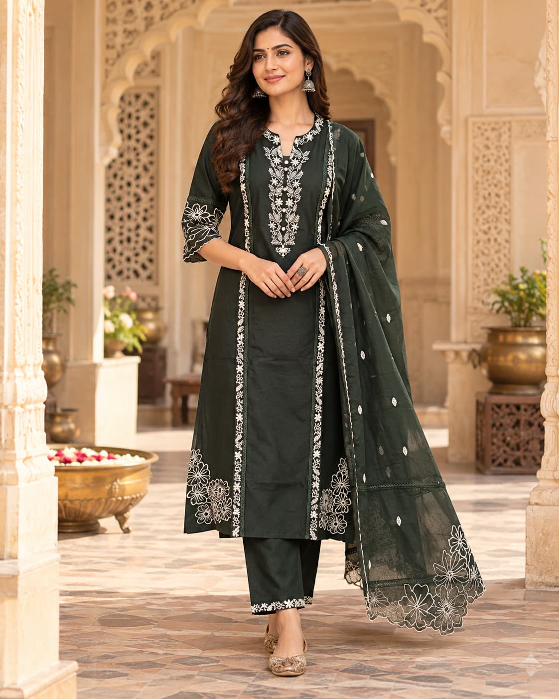 Noor deep green embroidered cotton kurta set with dupatta by Odhanibymann