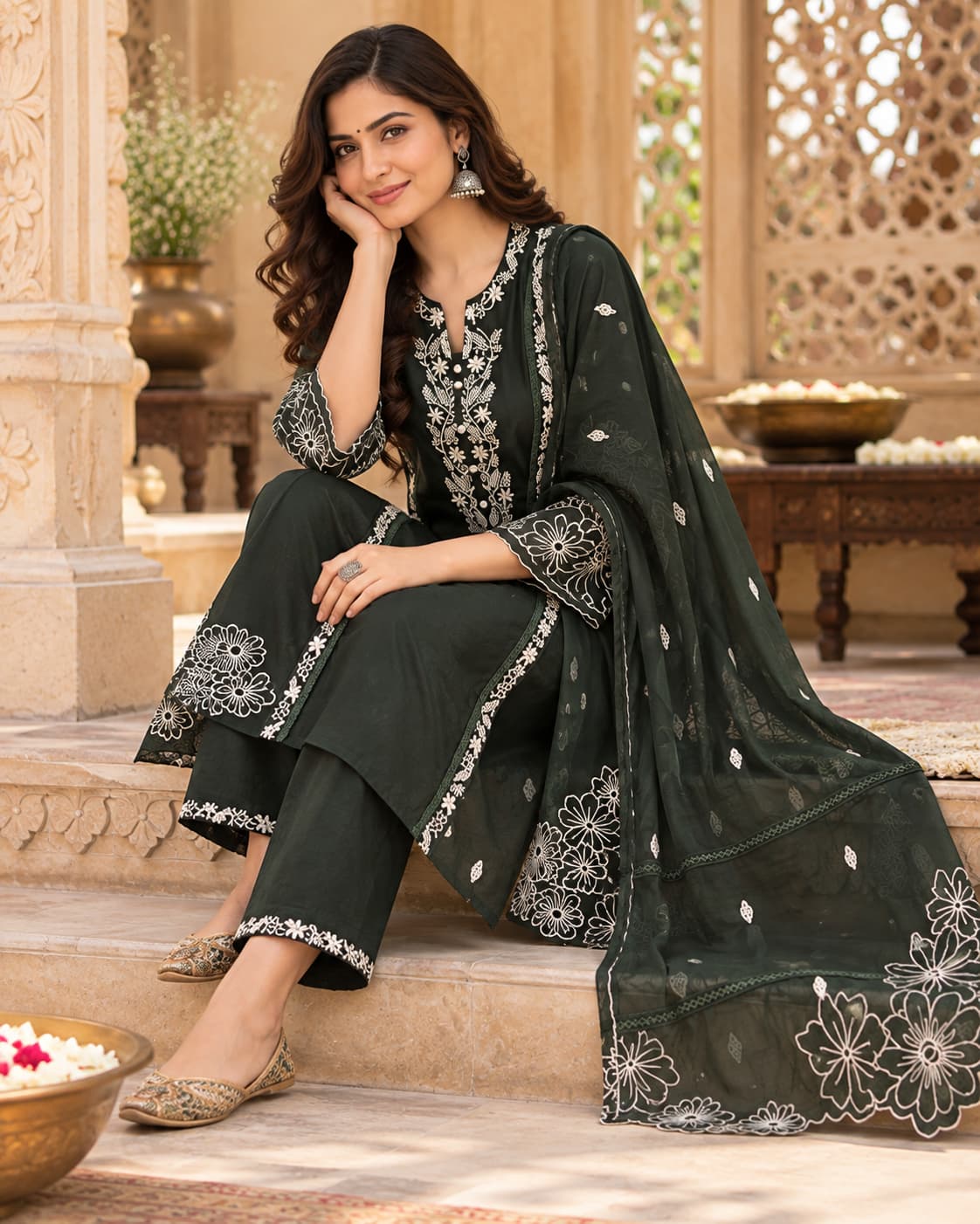 Deep green cotton kurta with ivory floral embroidery and notched V neckline