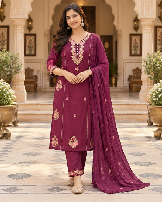 Rubaab berry wine floral embroidered cotton kurta set with dupatta by Odhanibymann