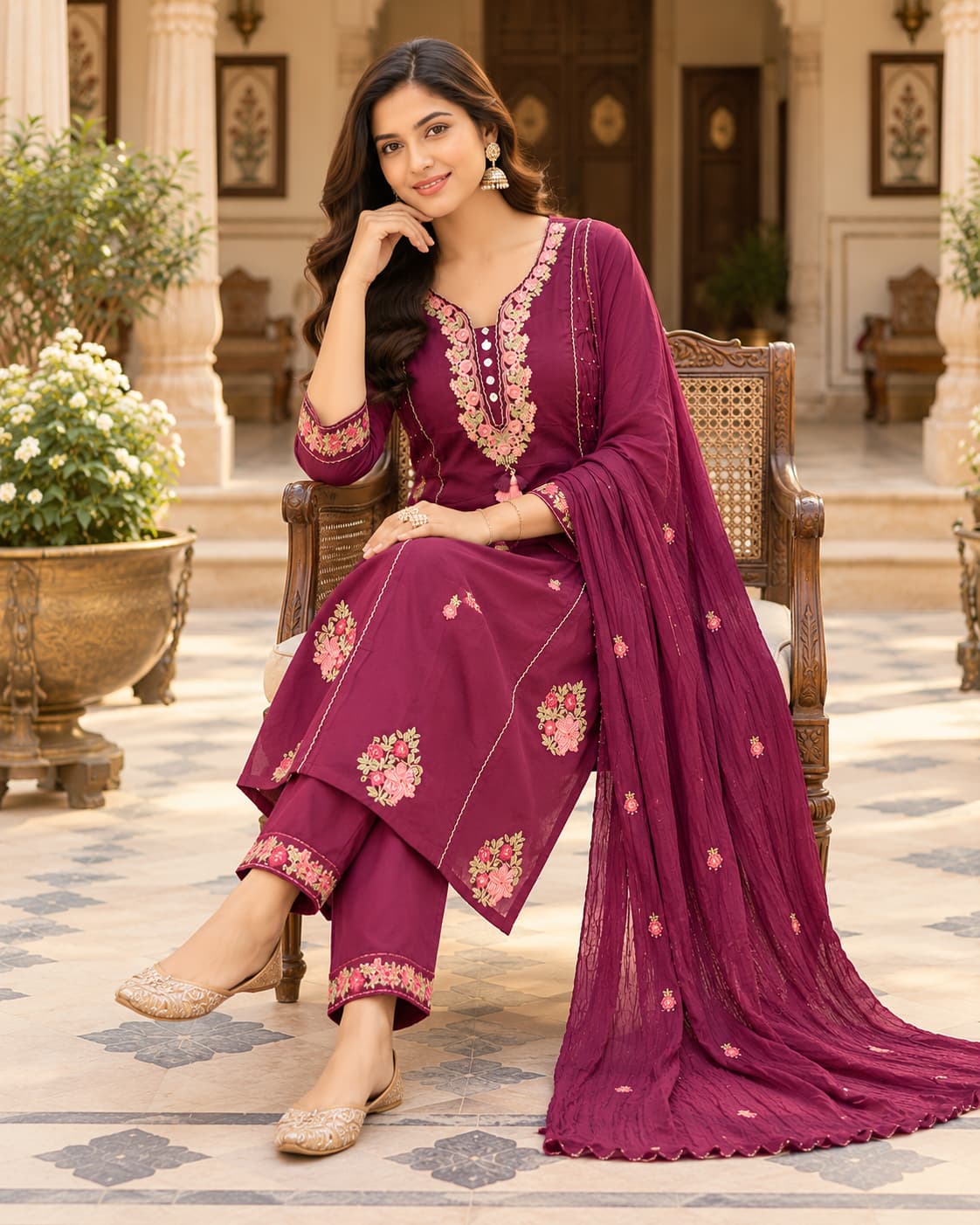 Wine cotton kurta with pink and green floral embroidery and tassel placket