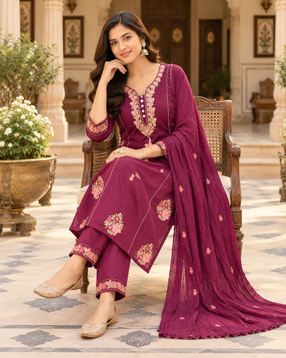 Wine cotton kurta with pink and green floral embroidery and tassel placket