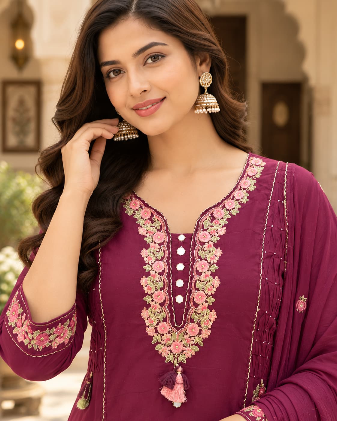 Pink and green floral embroidery detail on a wine cotton kurta