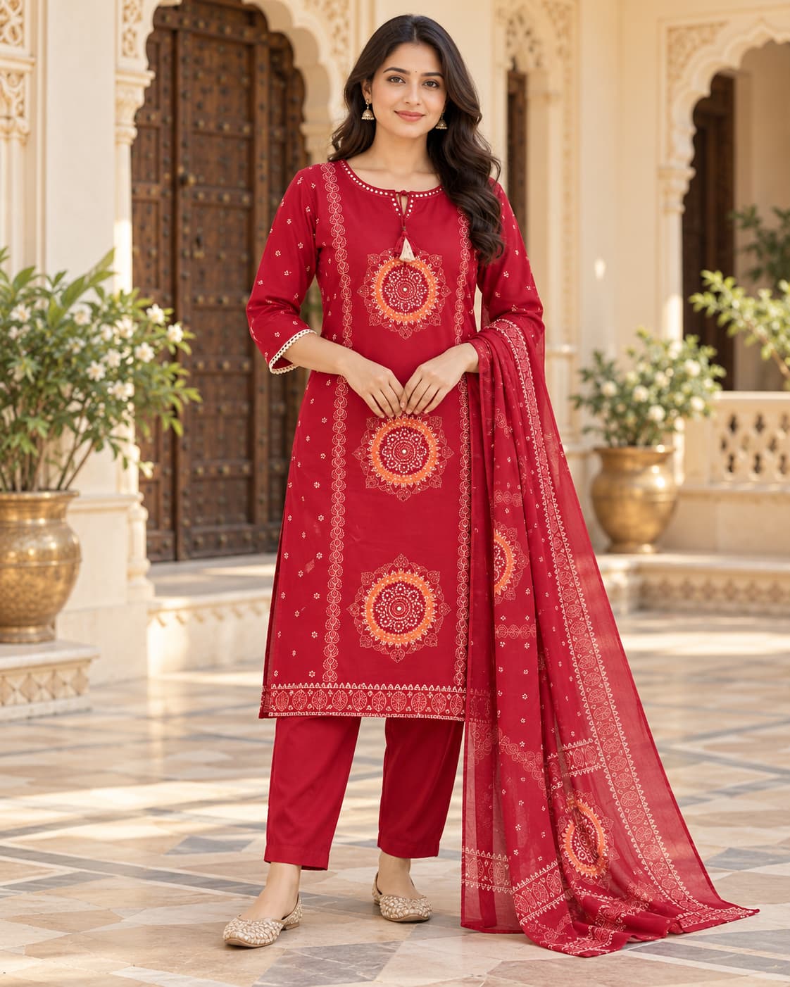 Laali red bandhani mandala cotton kurta set with dupatta by Odhanibymann