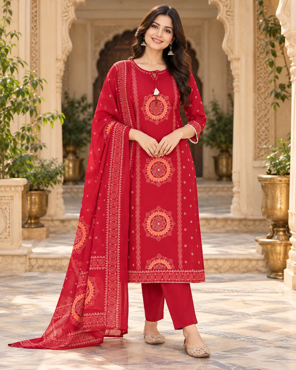 Three-piece red cotton kurta, pants and dupatta set for women
