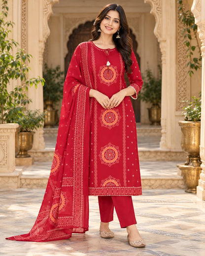 Three-piece red cotton kurta, pants and dupatta set for women