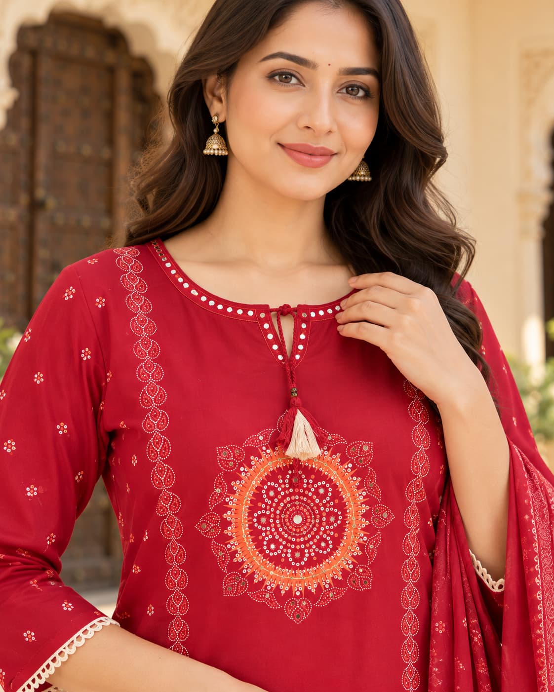 Sheer red printed dupatta with bandhani-style motifs