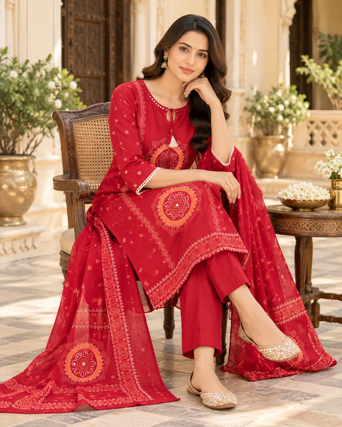 Red cotton kurta with bandhani-style mandala motifs and tassel neckline