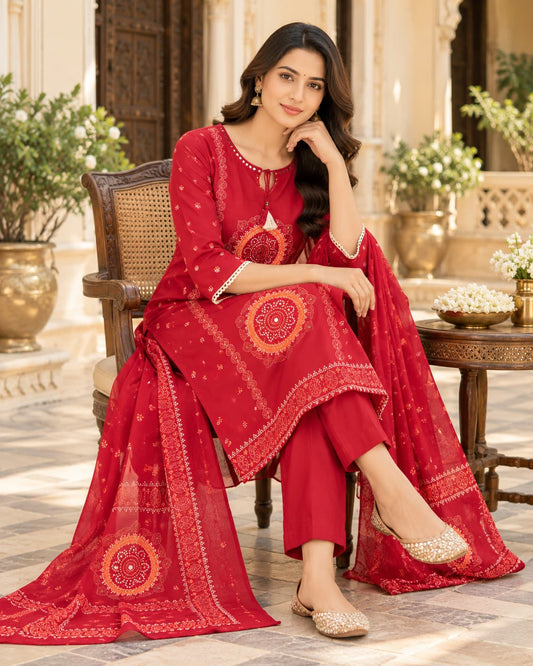 Red cotton kurta with bandhani-style mandala motifs and tassel neckline