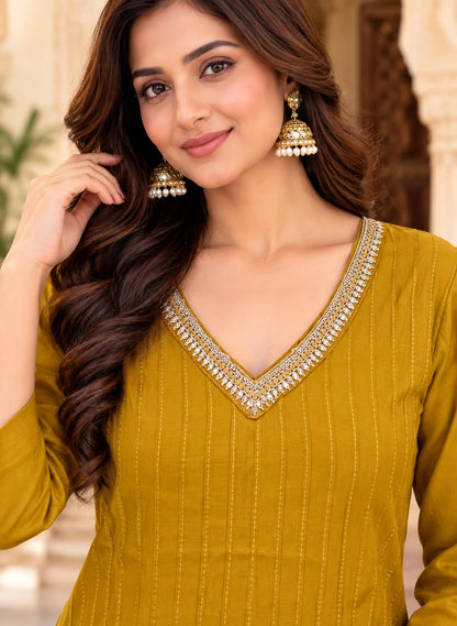 Mustard short kurti with lace-trimmed V-neck and golden stripes