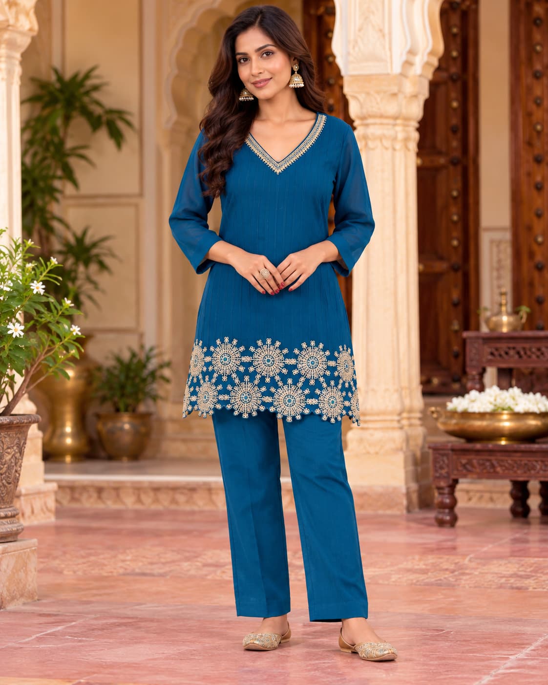 Two-piece teal blue muslin kurti and pant co-ord set for women