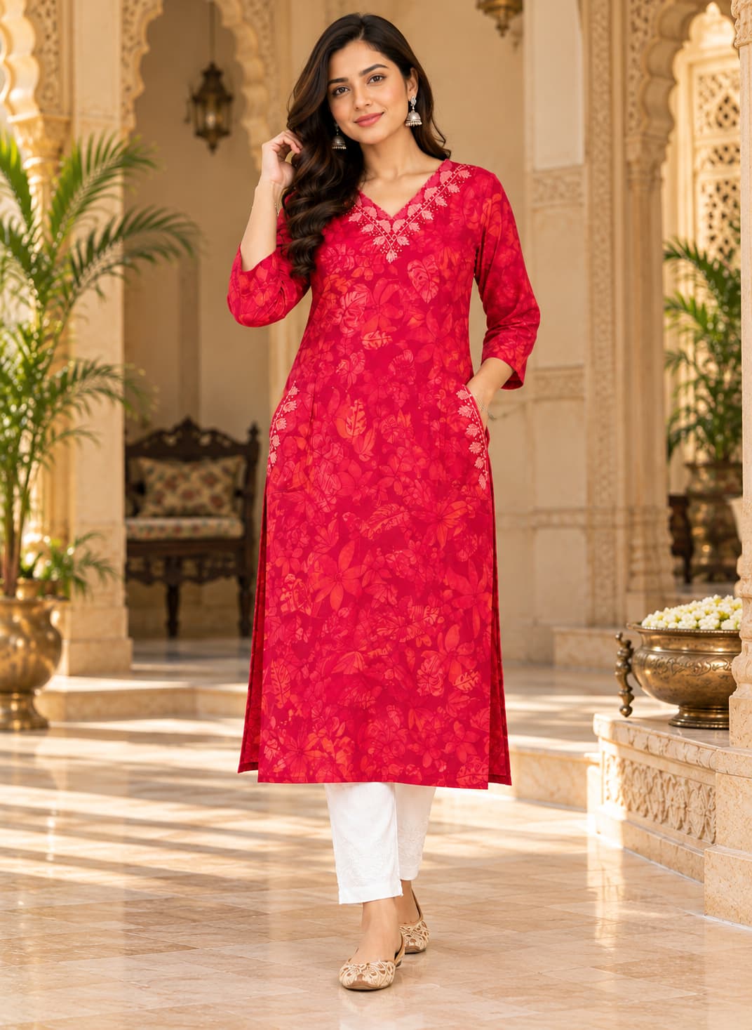 Gulrang fuchsia floral embroidered rayon kurta by Odhanibymann